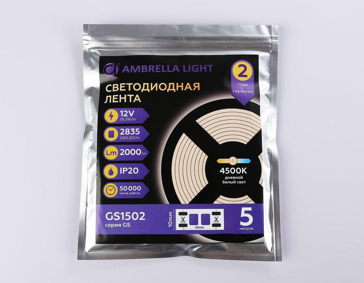 фото светодиодная лента дневной белый ambrella light 19,2w/m 240led/m 2835smd 4500к 5m gs1502 | 220svet.ru