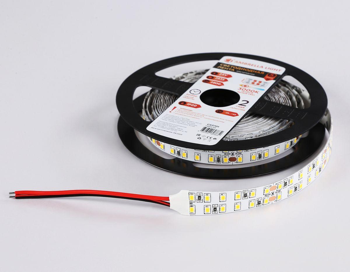 фото светодиодная лента теплый белый ambrella light 24w/m 240led/m 2835smd 3000к 5m gs3701 | 220svet.ru