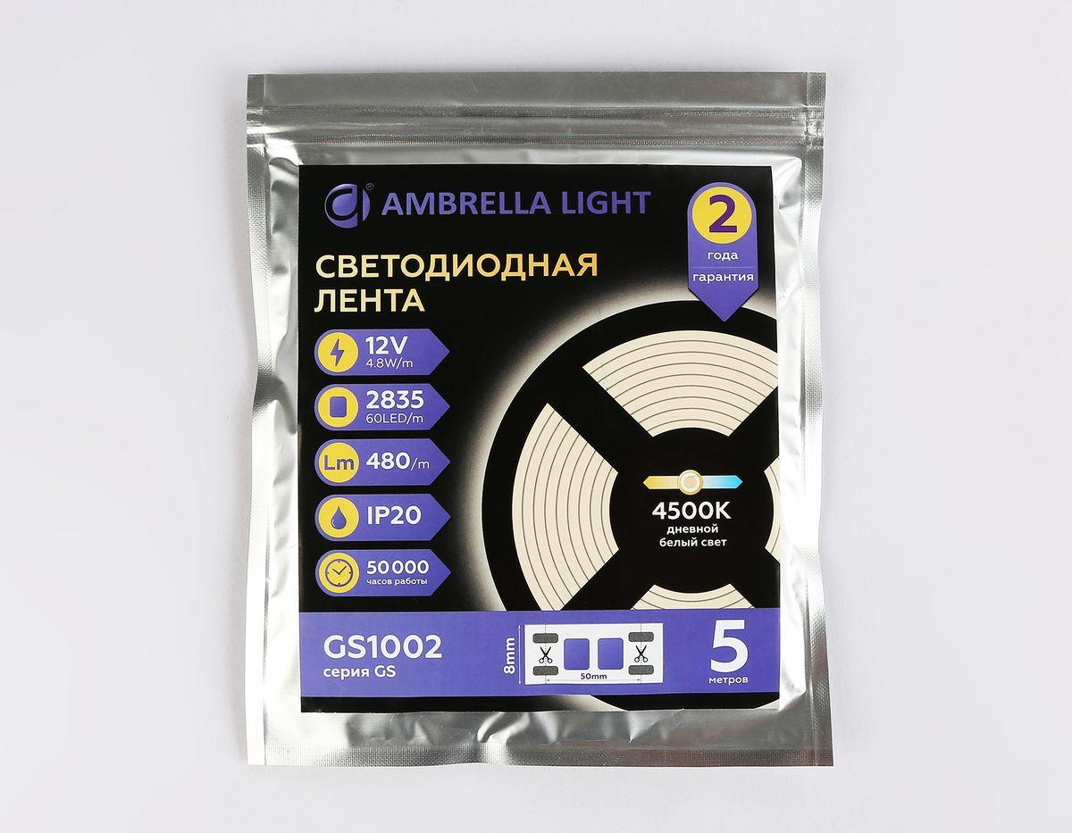 фото светодиодная лента дневной белый ambrella light 4,8w/m 60led/m 2835smd 4500к 5m gs1002 | 220svet.ru