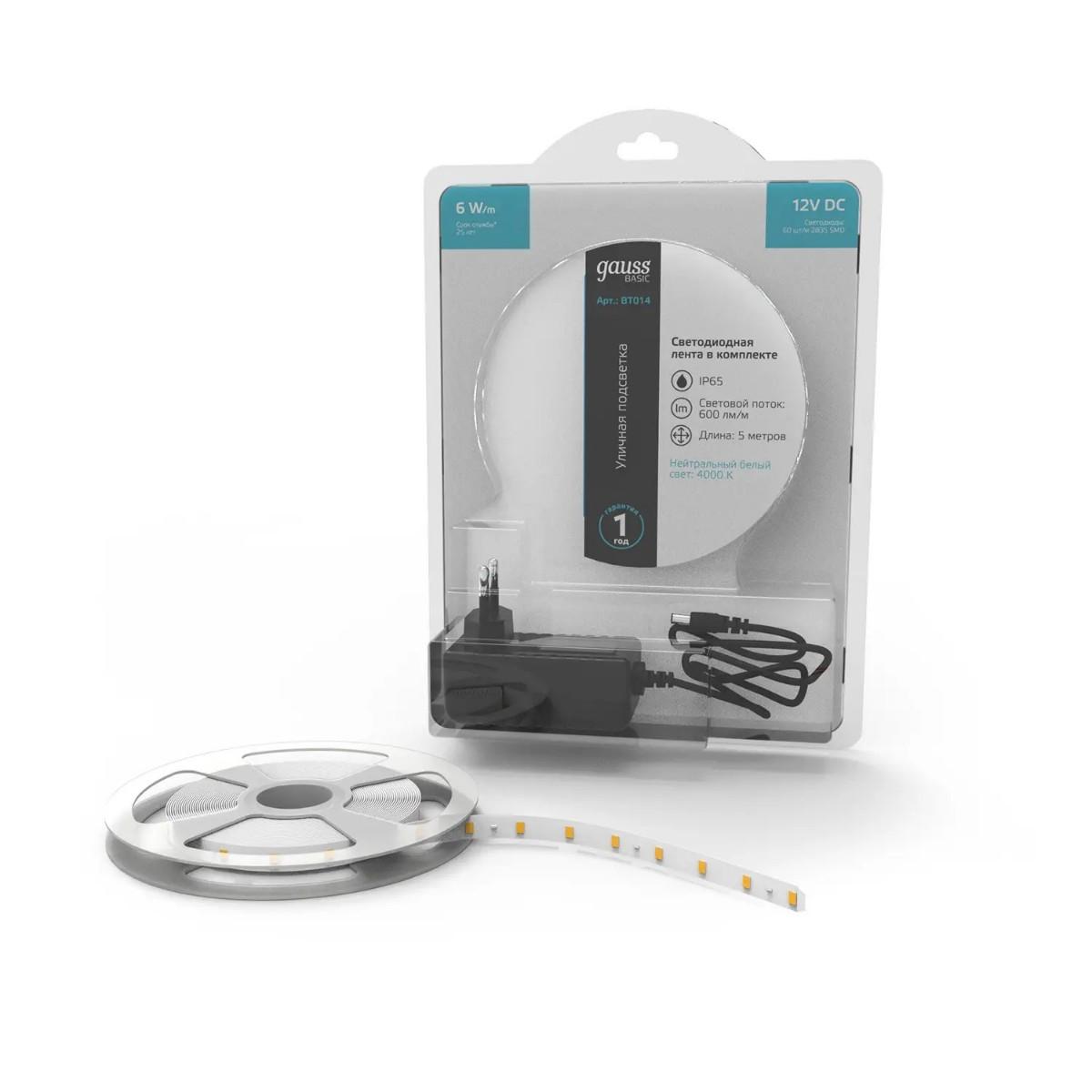 фото лента gauss 6w/m 60led/m 2835smd нейтральный белый 5m bt014 | 220svet.ru